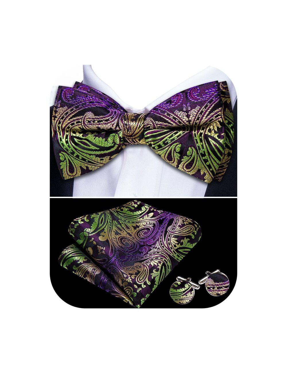 2866 Mardi Gras Purple Green Gold Bow Tie Paisley Silk Pre-Tied Bowtie